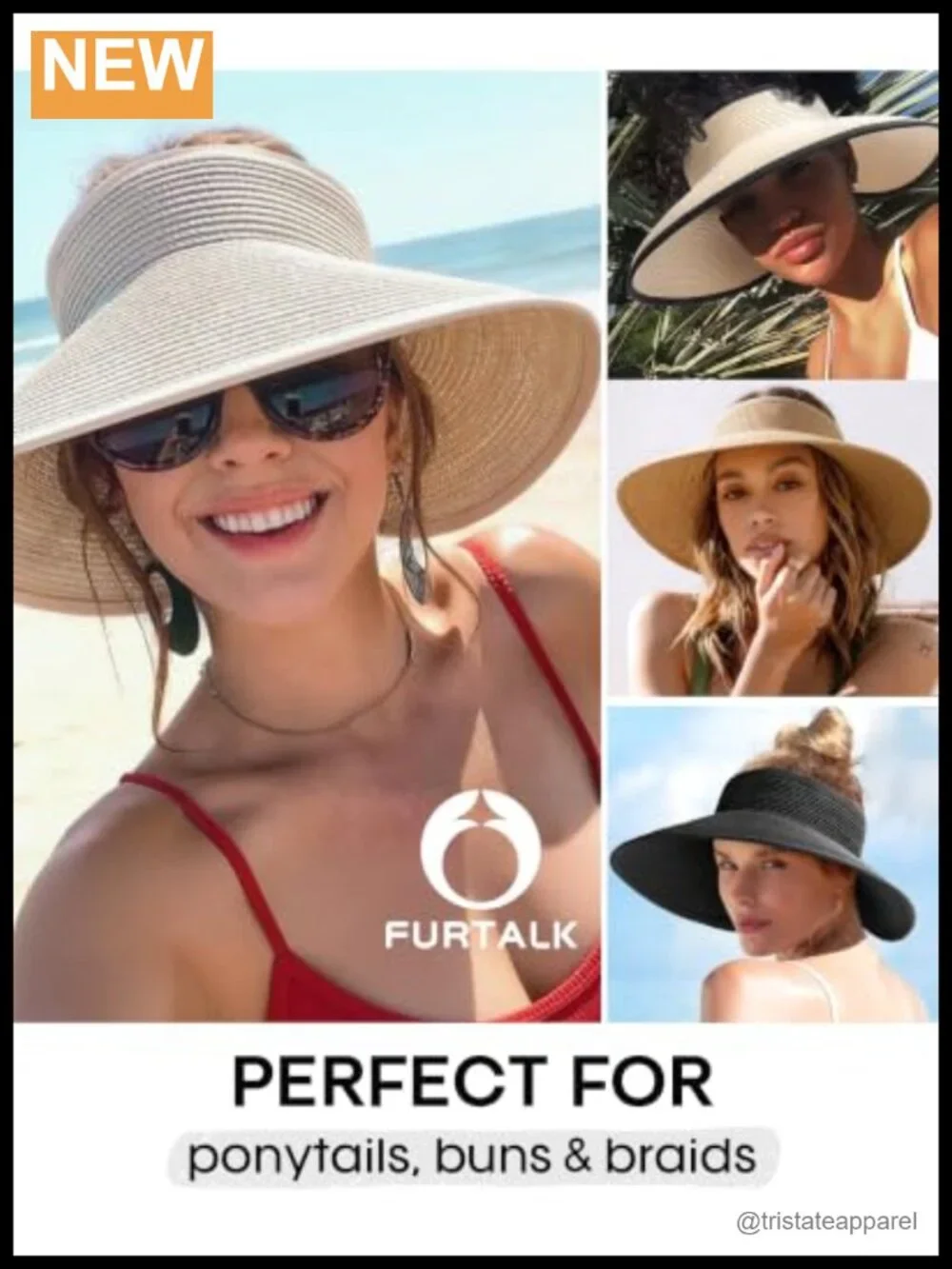Wide Brim Straw Visor Hat with Ponytail Opening, Foldable UV Protection